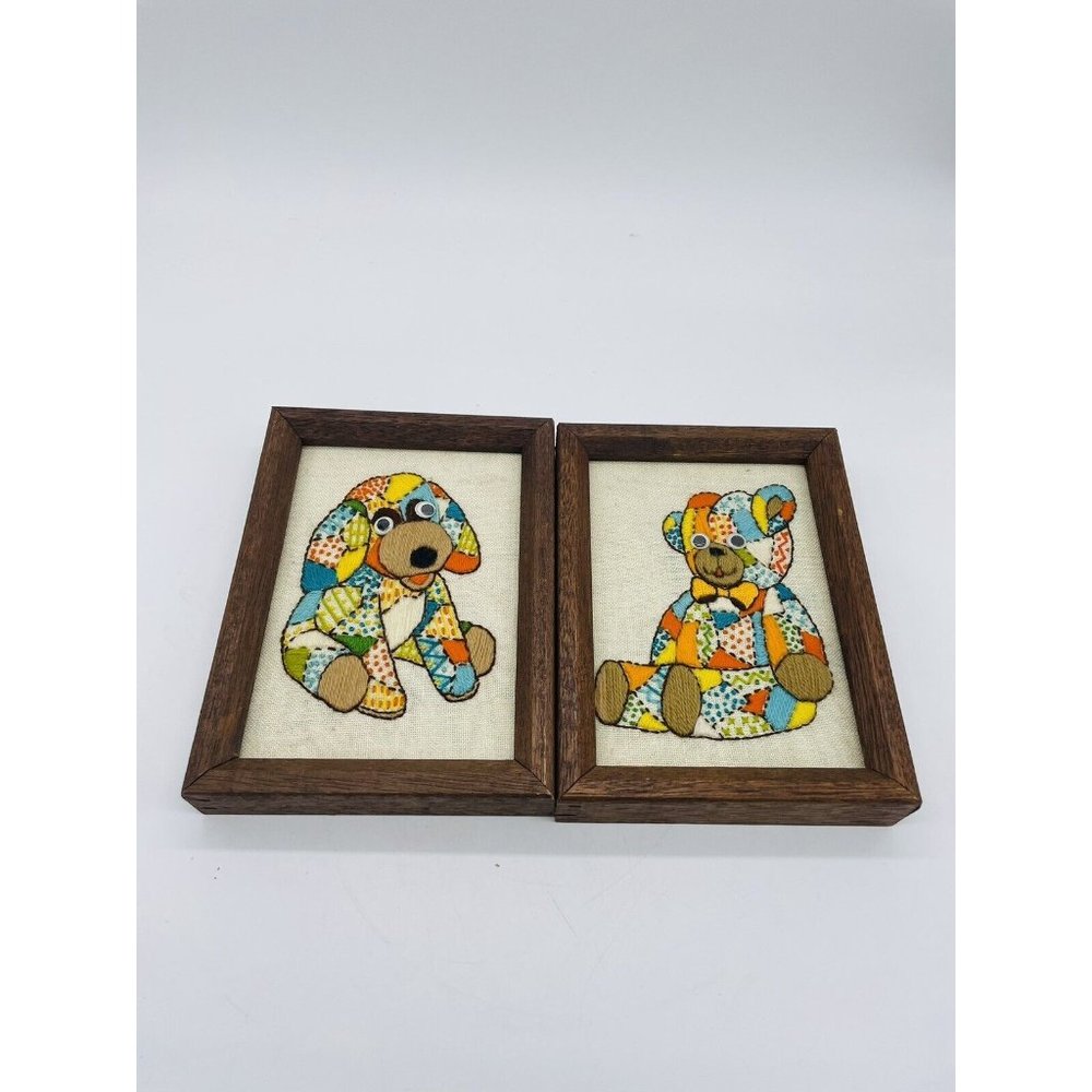Vintage Set 2 Hand Stitched Crewel Framed Pictures Dog Bear 5 X 7